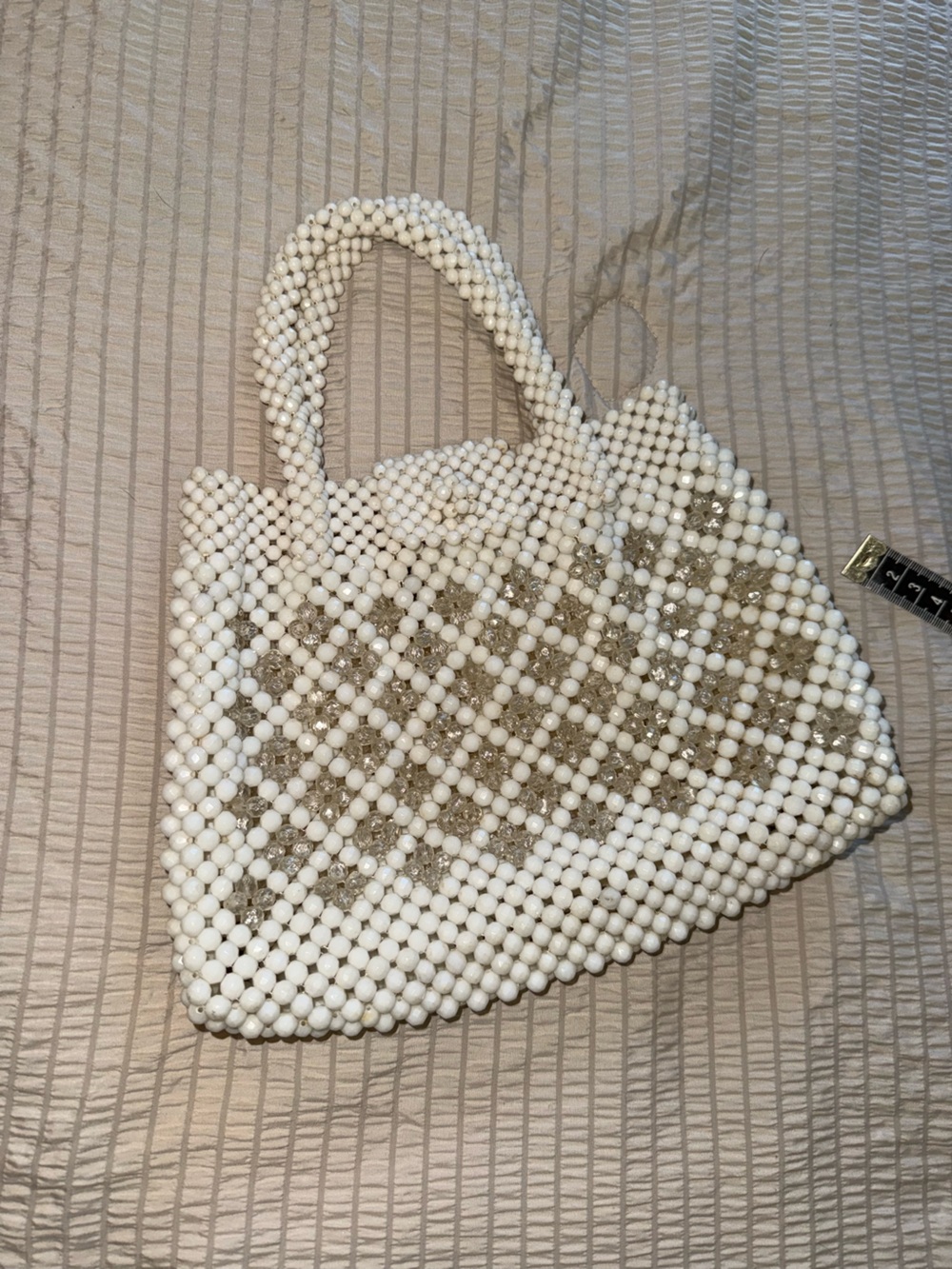 Vintage 1950s White Beaded Hand Bag with Crystal Accents